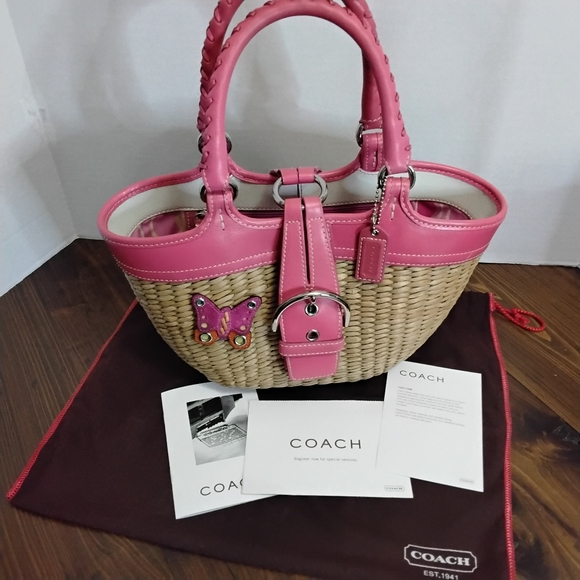 Coach Limited Edition Hand woven Straw & Pink Leather Tote & Coach dust bag. - Picture 13 of 14